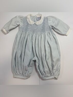 Vintage friedknit creation Smocked Peter Pan Collar Baby Romper blue Gingham